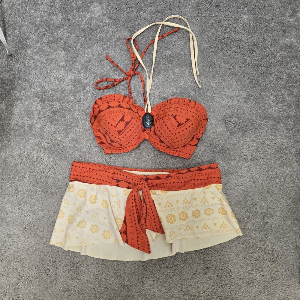 Disney Moana Bikini Set Womens L Top L Bottoms Orange Tribal Push Up Halter